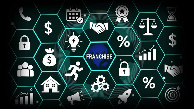 Dynamic franchise business concept animation featuring glowing hexagonal network interface with corporate global expansion strategy, financial growth symbols, and digital marketing