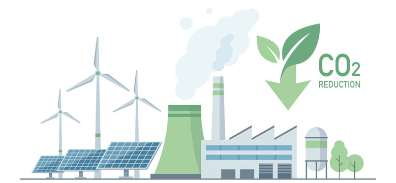 Clean energy plant with wind turbines and solar panels showing CO2 reduction