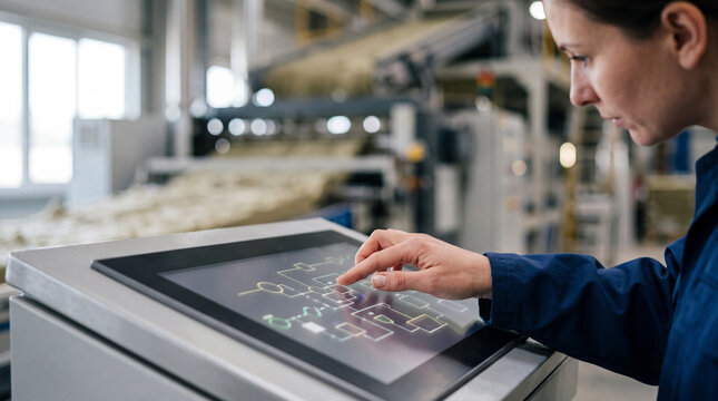 Female engineer using touchscreen control panel in modern industrial factory for process monitoring