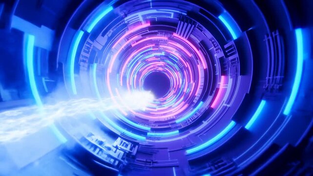 Bright white light stream sweeps through concentric neon tunnel rings toward a dark central opening, surrounded by glowing blue and magenta panels and layered circular geometry