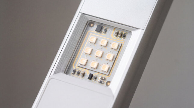 Close-up led light module in silver lamp fixture showing electronic diodes and modern lighting technology