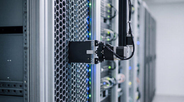 Robotic arm installing hard drive into server rack in modern data center with automated storage system