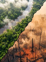Aerial Split View of Lush Tropical Rainforest vs Burned Deforested Land with Cracked Soil and Dead Trees, Climate Change Concept Art  © Anastasia