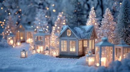 Naklejka premium Miniature winter scene with houses and trees lit by warm lights during the night