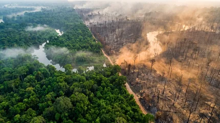 Aerial Split View of Lush Tropical Rainforest vs Burned Deforested Land with Cracked Soil and Dead Trees, Climate Change Concept Art  © Anastasia