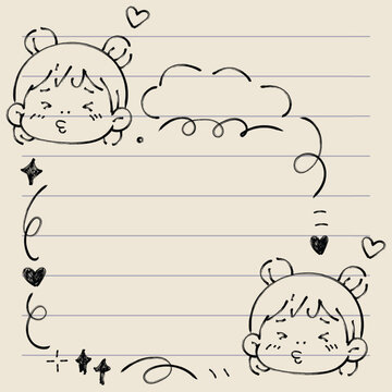 Cute Girl Doodle Frame with Hearts and Stars Hand-Drawn Illustration