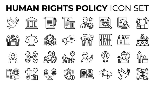 Human rights policy icon set. Vector symbols for social justice and legal compliance.