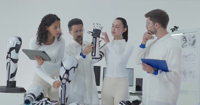 Robotics engineers inspecting robotic hand and arm standing together in bright white laboratory