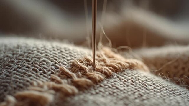 Needle Stitching Natural Woven Fabric In Extreme Textile Macro Detail