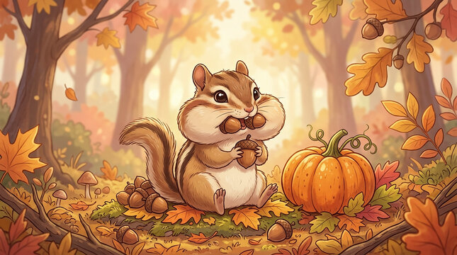 Cute chipmunk holding acorns in an autumn forest next to a pumpkin with chipmunk