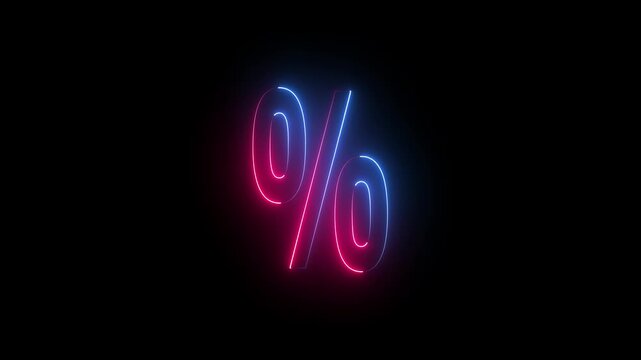Neon Percentage Symbol with Glowing Blue and Pink Light on Black Background for Finance, Discount, Business and Digital Marketing Concept.
