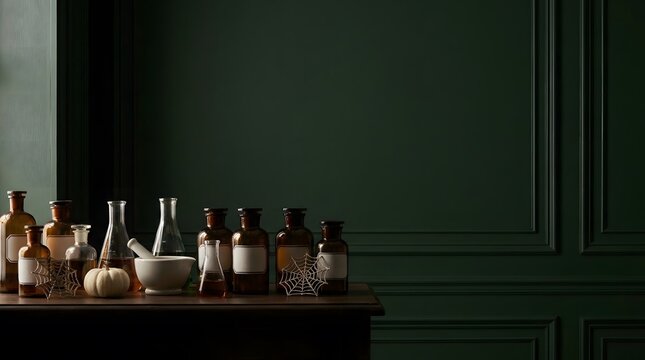 Vintage apothecary bottles and glass jars arranged on wooden table against dark green paneled wall with herb shop dark academia interior design still life vintage decor herbarium witchcraft