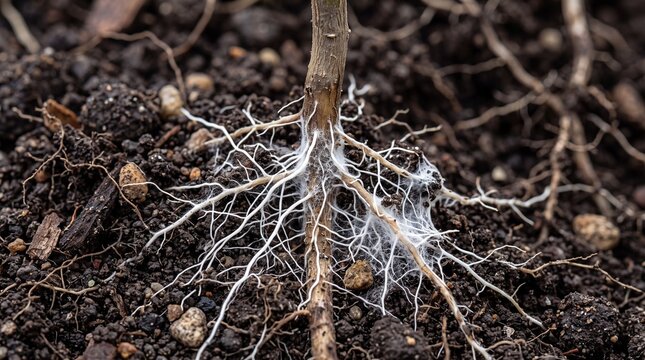 Small plant roots with white mycelium growing in dark soil