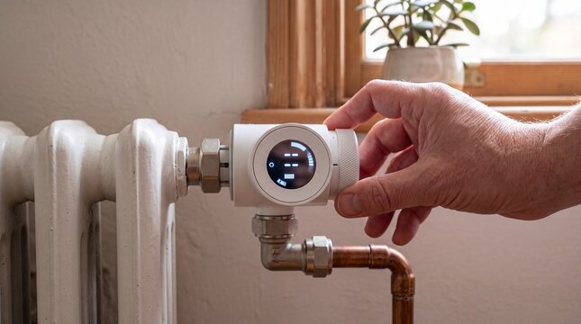 Person adjusting smart digital radiator thermostat for home heating