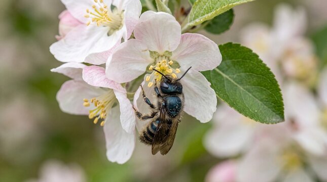 Mason bee pollinating white apple blossom in spring