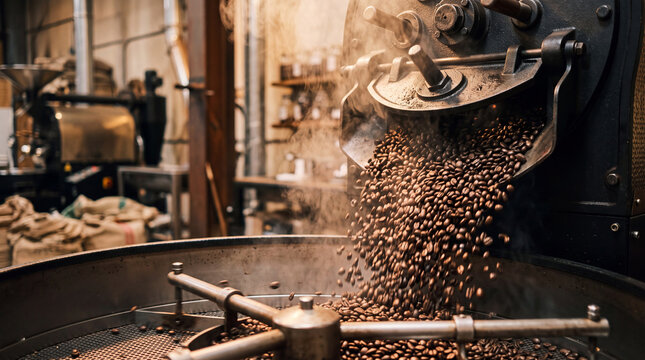 Freshly roasted coffee beans pouring from industrial roaster in rustic coffee roastery