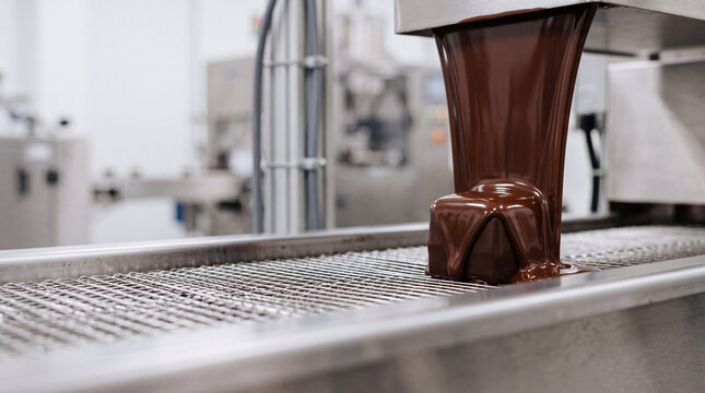 Chocolate enrobing machine coating confectionery on conveyor belt in industrial chocolate production line