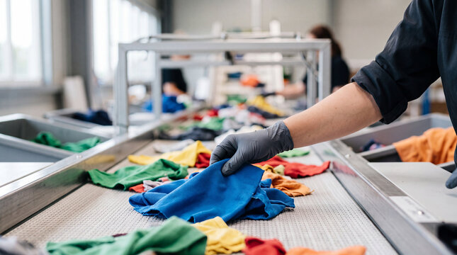 Textile recycling and clothing sorting on conveyor belt in factory with gloved worker