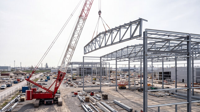 Industrial construction site with red crane lifting steel truss for warehouse frame assembly
