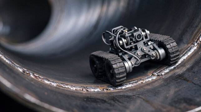 Pipeline inspection robot crawler with camera inside welded metal pipe for industrial maintenance