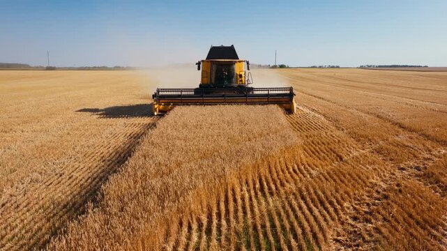 Combine harvester cuts ripe wheat while advancing across field