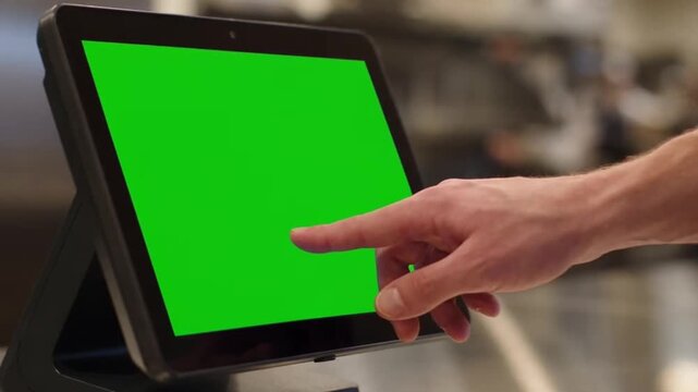 Hand Tapping Green Screen Tablet Display for Business | Chroma Key Mockup on Digital POS System for Custom Content