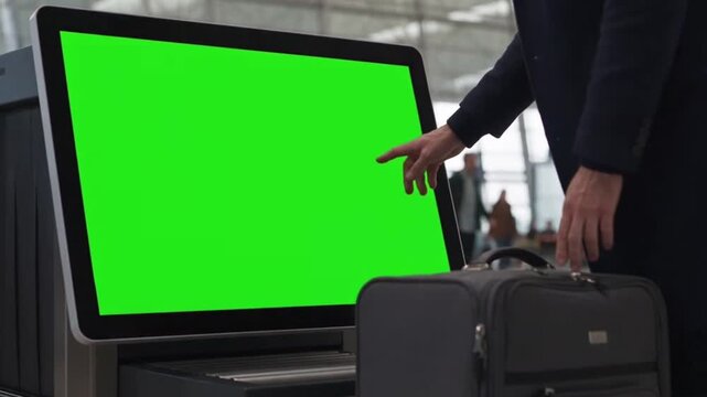 Traveler touching green screen digital kiosk at airport, interacting with chroma key display for flight information or check-in service.