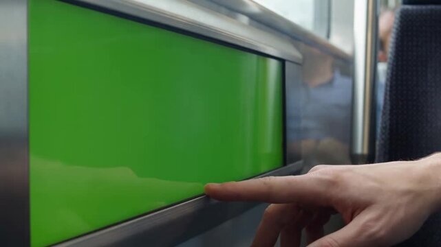 Close-up of a human finger touching a bright green screen on an interactive digital display, signifying modern technology and user interface.