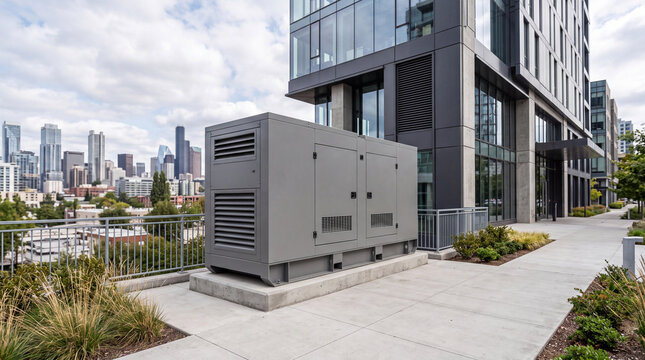 Industrial backup generator outside modern office building with urban skyline in background