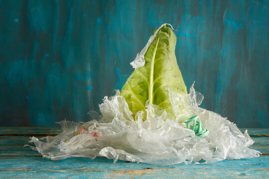 Pollution of vegetables and other food  with microplastic, pointed cabbage surrounded by plastic waste, close up shot, free copy space