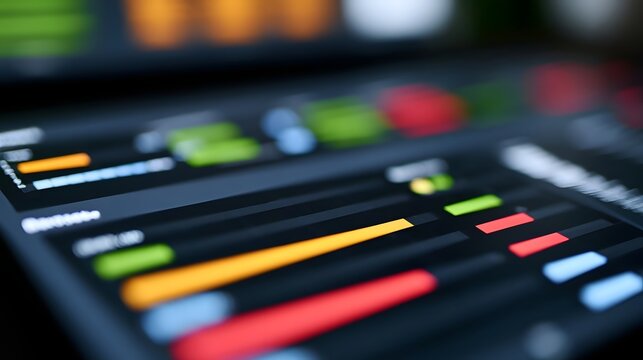 Close up of a digital dashboard with colorful status bars and glowing indicators on a dark interface