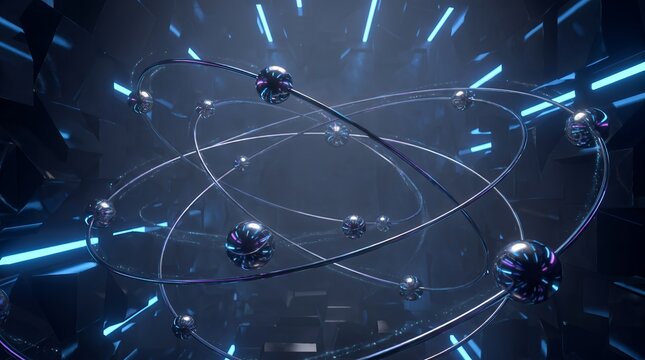Abstract futuristic glowing geometric rings and spheres floating in deep blue space high tech digital art background