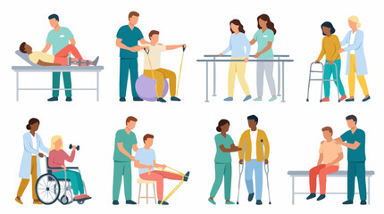 Fototapeta premium Physical therapy and rehabilitation exercises with patients and physiotherapists