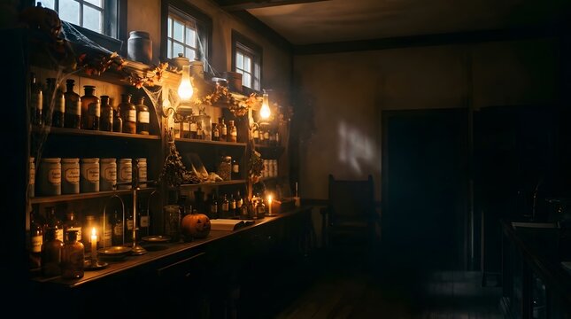 Old vintage apothecary shop interior filled with medicine bottles shelves warm glowing candles creating a mysterious atmosphere herb store alchemist lab historical room remedy jars interior