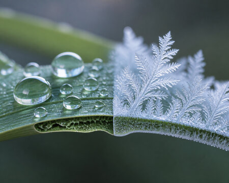 Dew Droplets Beside Frost Ferns On Leaf