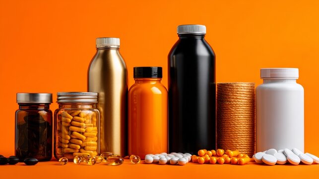 Dietary Supplements and Vitamin Containers on Orange Background