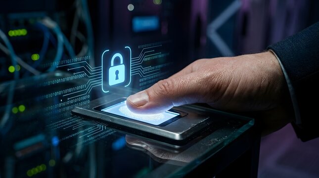 Person using biometric fingerprint scanner for secure data access in high-tech server room environment, featuring digital padlock icon and binary code processing visualization for cybersecurity.