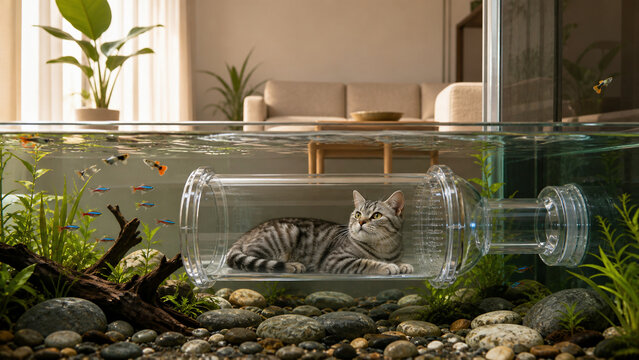 Silver Tabby Cat Resting in a Dry Observation Tunnel Inside a Planted Living Room Aquarium