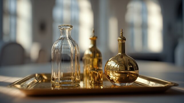 Glass and gold bottles on a golden tray in bright window light. Luxury anointing oil or holy water vessels
