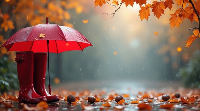 Dise&ntilde;o de rinc&oacute;n para un d&iacute;a lluvioso de oto&ntilde;o con paraguas rojo, hojas ca&iacute;das y mojadas, botas de lluvia, casta&ntilde;as esparcidas y ramas delicadas