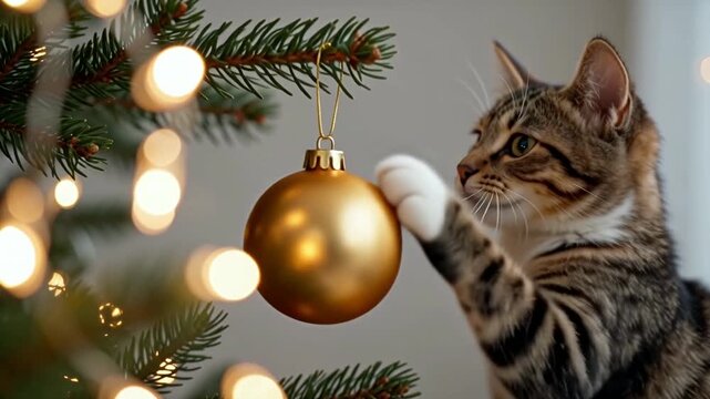 Playful tabby cat pawing at golden christmas ornament ball hanging on tree branch