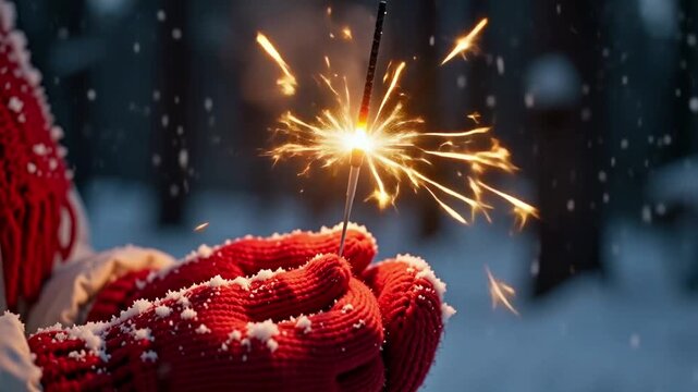 Hand in cozy red knitted mitten holding burning golden sparkler with flying sparks at winter night