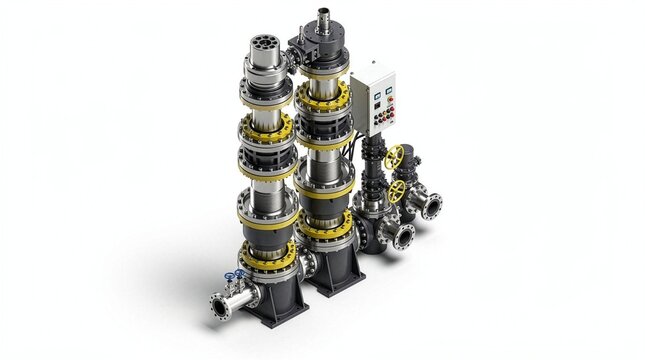 海底油田防噴装置（BOP）スタック構造の3Dレンダリング 背景白（16:9 プレゼン資料用）