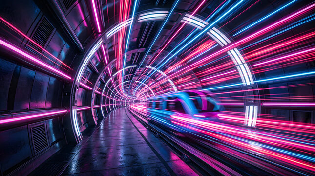 Futuristic High-Speed Train Speeding Through Neon Light Tunnel