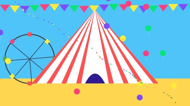 Colorful 2D Animated Circus Tent with Ferris Wheel Balloons and Festive Bunting Background
