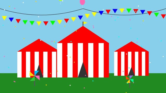 Cartoon Circus Festival Animation Featuring Red and White Striped Tents, Colorful Balloons and Confetti