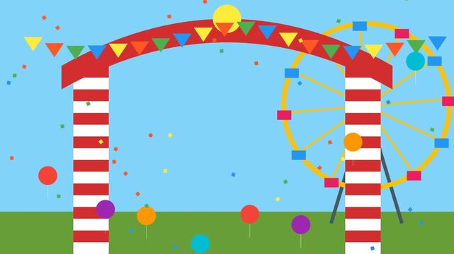 Colorful Animated Carnival Entrance Background with Ferris Wheel Falling Confetti and Balloons