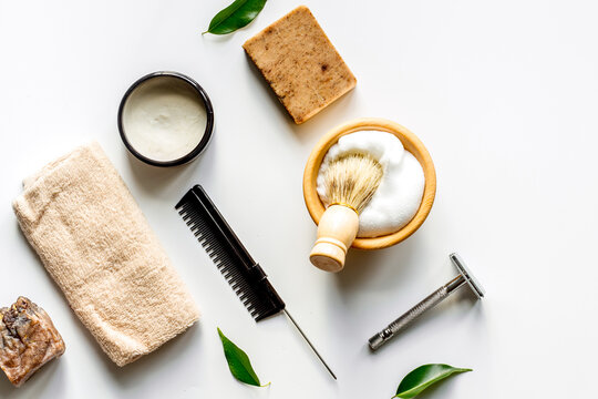 Mens hairdressing desktop with tools for shaving top view