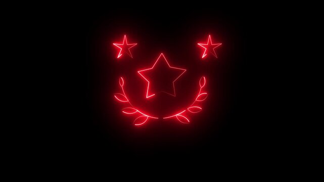 Futuristic Glowing Green Neon Three Stars with Laurel Wreath Icon Symbolizing Achievement Rating Quality Winner Excellence Victory Rank Concept on Black Background.
