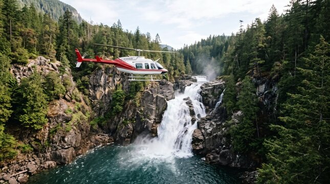 Helicopter flies over a powerful waterfall cascading down rocky cliffs surrounded by lush green pine forest